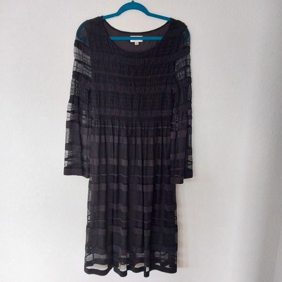 M.S.S.P. Max Studio Mesh Stripe Dress with Smocking Detail & Flare Sleeves NWOT - Picture 1 of 9